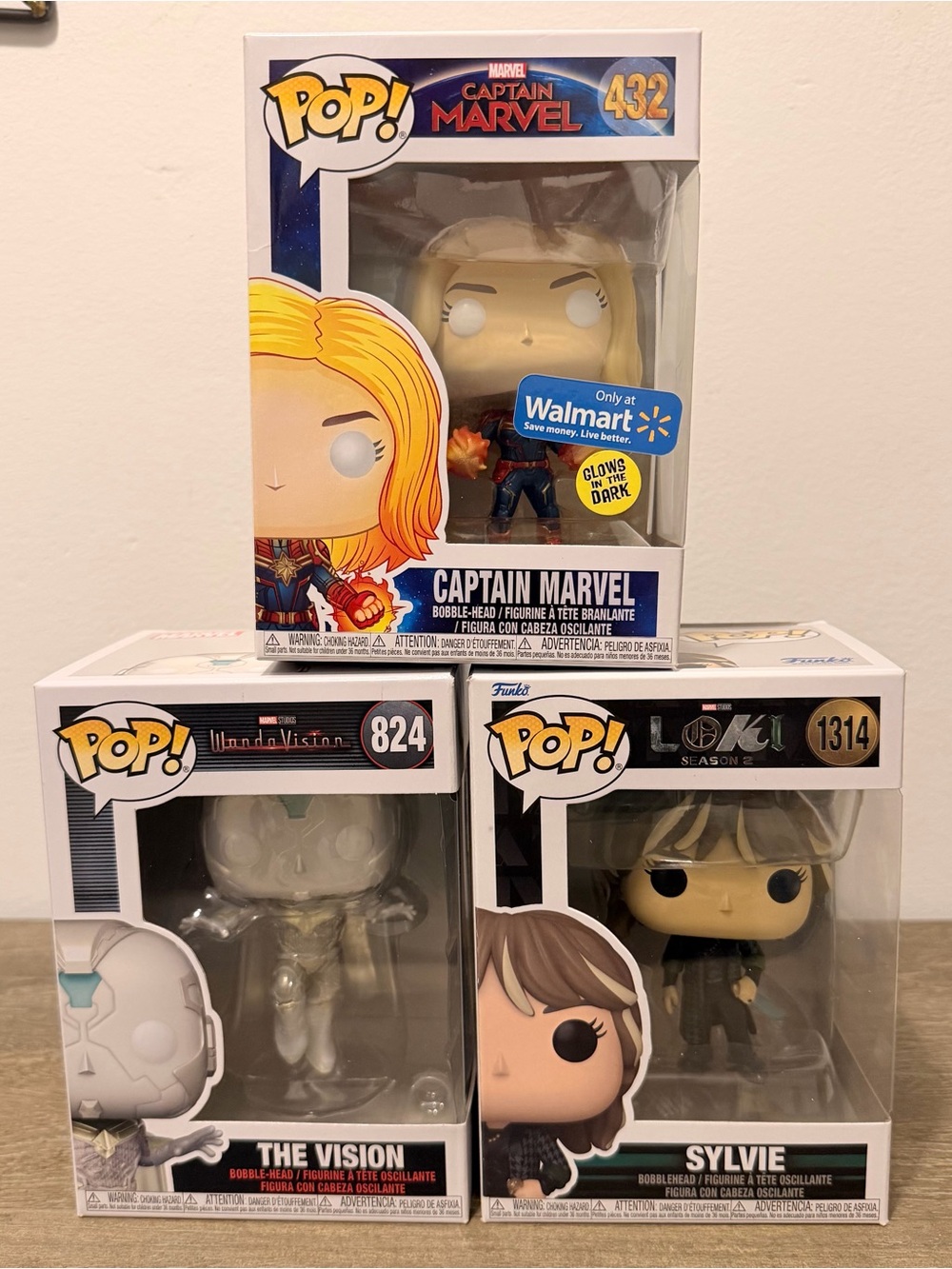 Marvel Funko Pops- Captain Marvel, Sylvie, The Vision